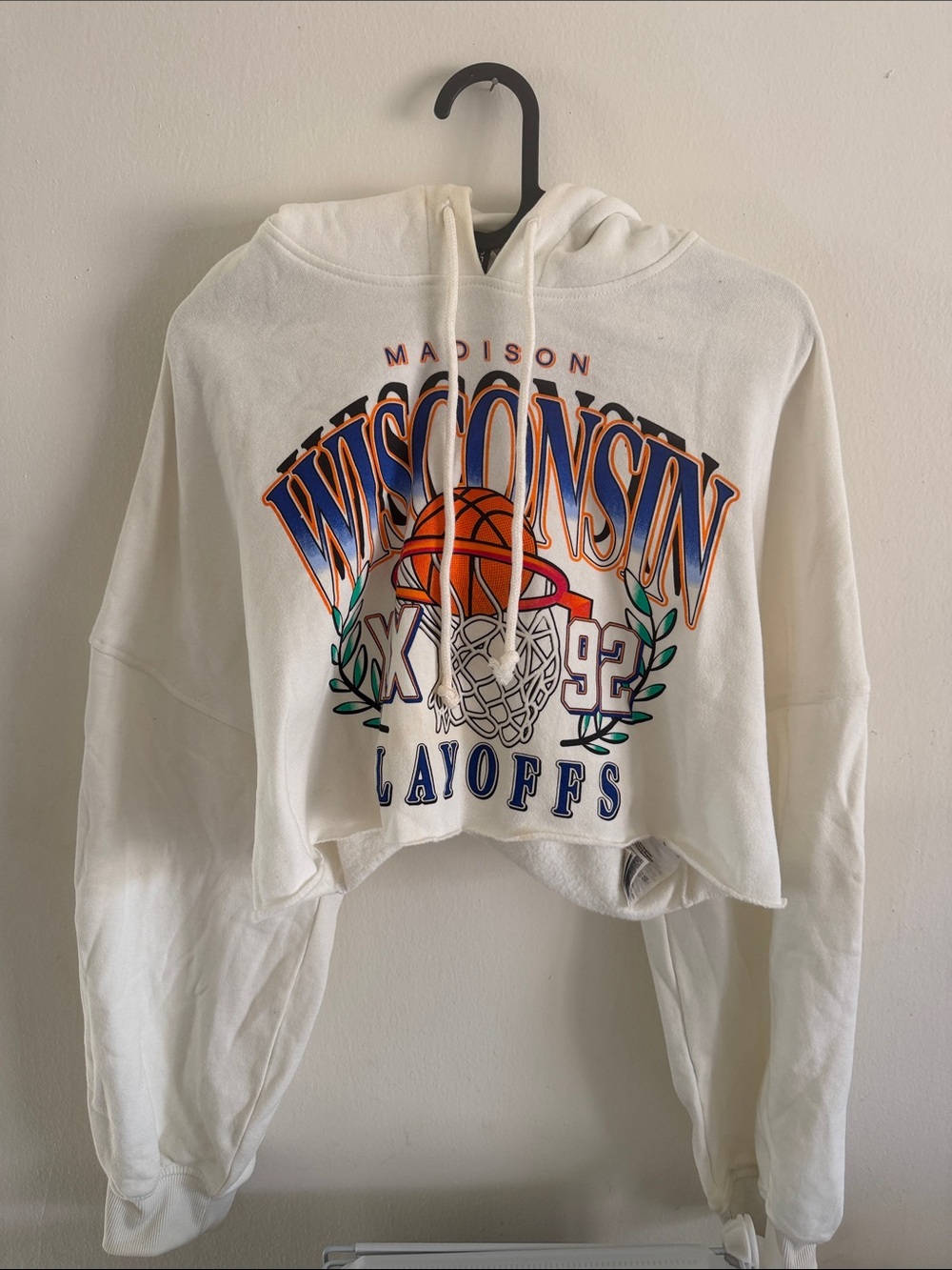 H&M White Cropped Hoodie with Orange and Blue Wisconsin Graphic